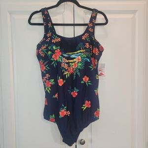 Lands' End Size 18D Navy Floral Tropical One Piece Swimsuit